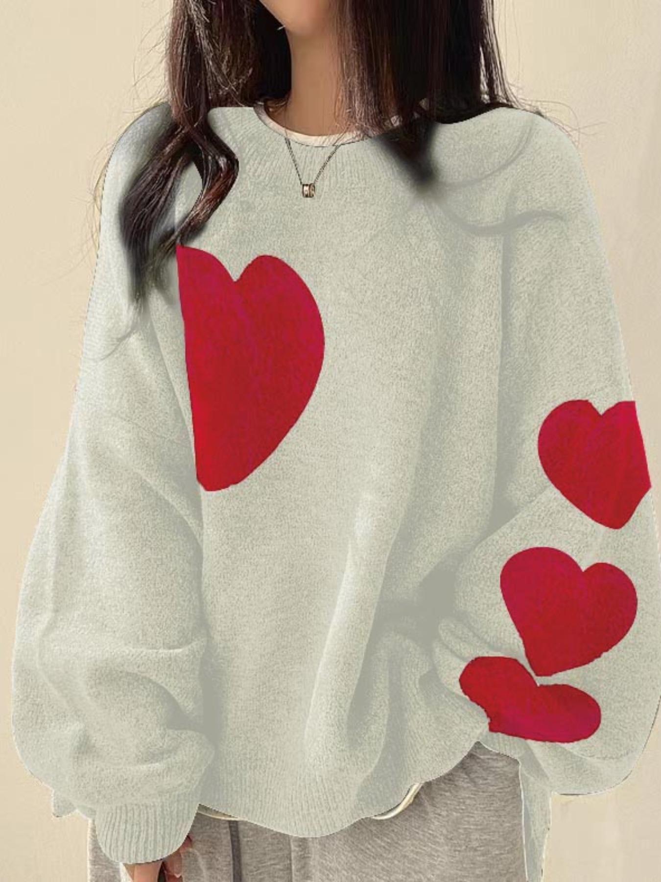【Plus Size】 Colorblock Heart Pattern Crew Neck Sweater, Casual Long Sleeve Pullover Jumper for Daily Outdoor Wear, Women Plus Clothing for Fall & Winter