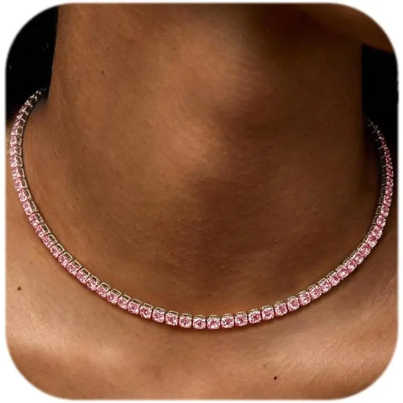 4mm Tennis Necklace for Women, Cubic Zirconia Simulated  Choker Necklace,   for Party Wedding Birthday Daily Wear