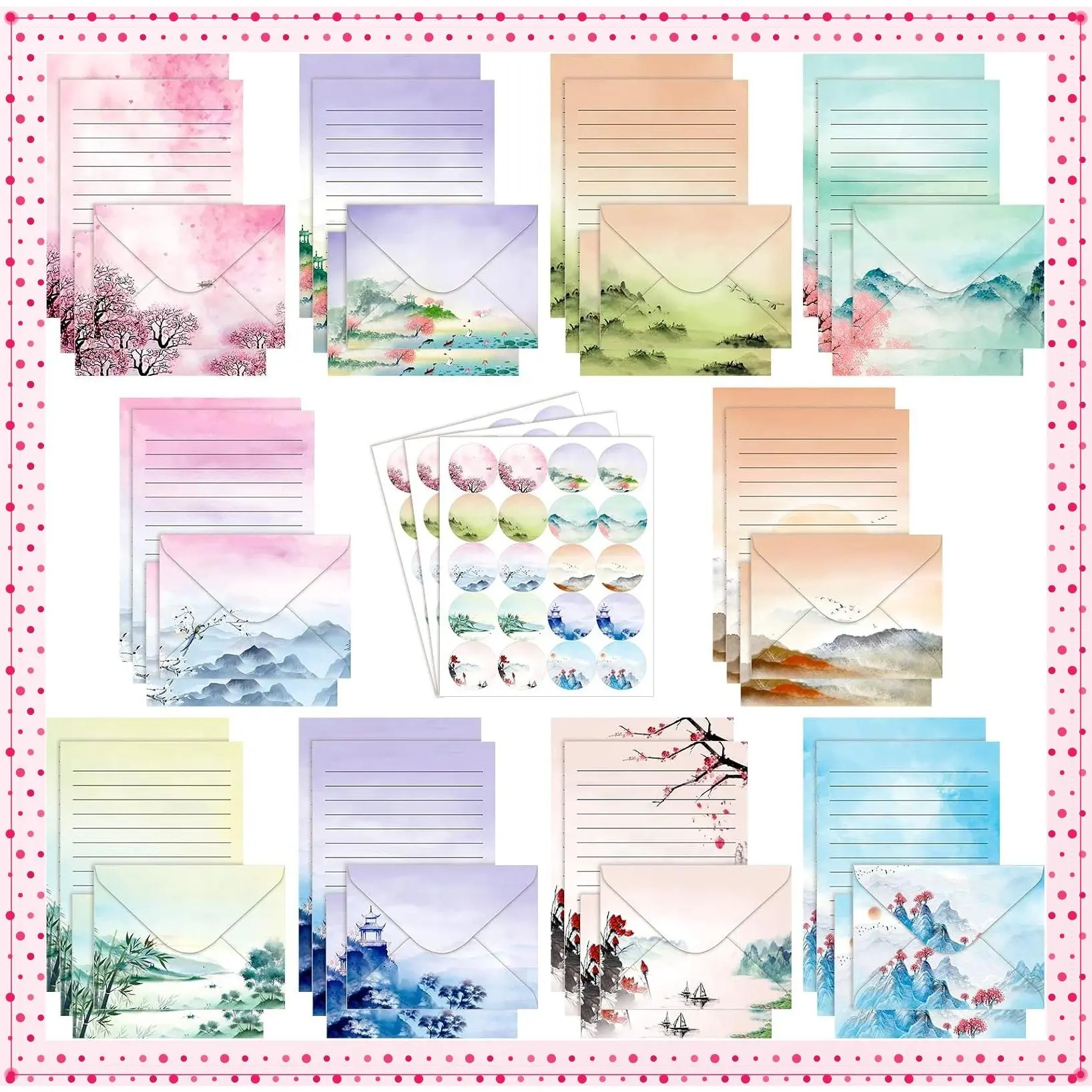 160 Pcs Ink Painting Stationery Set | 5.5 x 8.25'' Letter Writing Paper Kit with 50 Double-Sided Sheets, 50 Matching Envelopes & 60 Round Dot StickersGift
