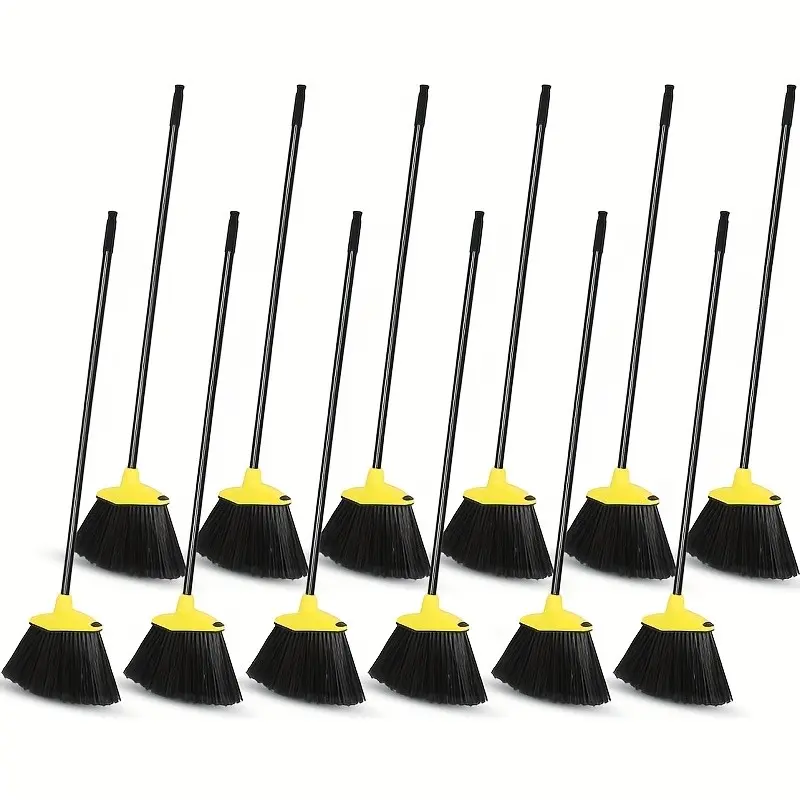 12pcs Heavy Duty 53 Inch Commercial Angle Brooms for Sweeping Indoor Outdoor - Black Broom with Long Handle for Garage, Courtyard, Patio, Lobby, Mall, Market, Shop, Sidewalk, Floor (Yellow)