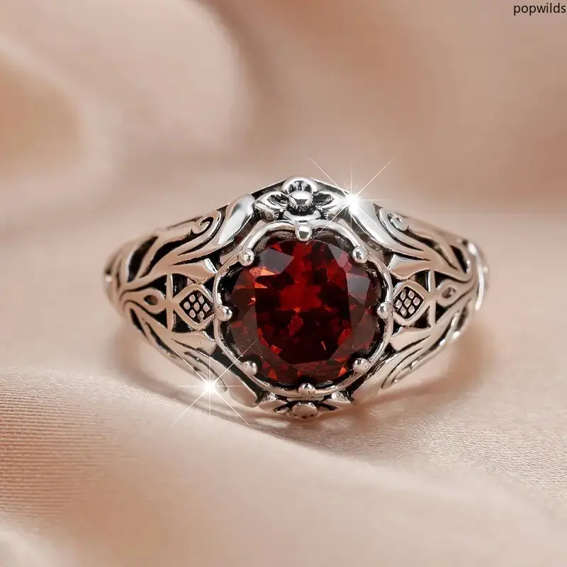 Creative Vintage Alloy Ring Inlaid Red Zircon & Topaz, Unique Retro Statement Finger Jewelry For Women Daily Matching Gift