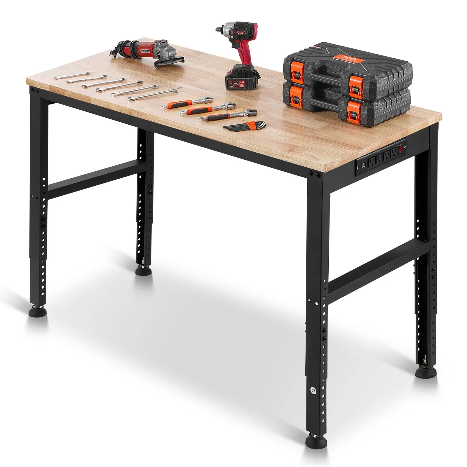 VEVOR Sturdy Wood Adjustable Workbench, 2000 lbs Capacity, 48x20 in, 28.5-38.3 in Height Adjustment, Garage Workbench with Power Outlets, Suitable for Office, Workshop