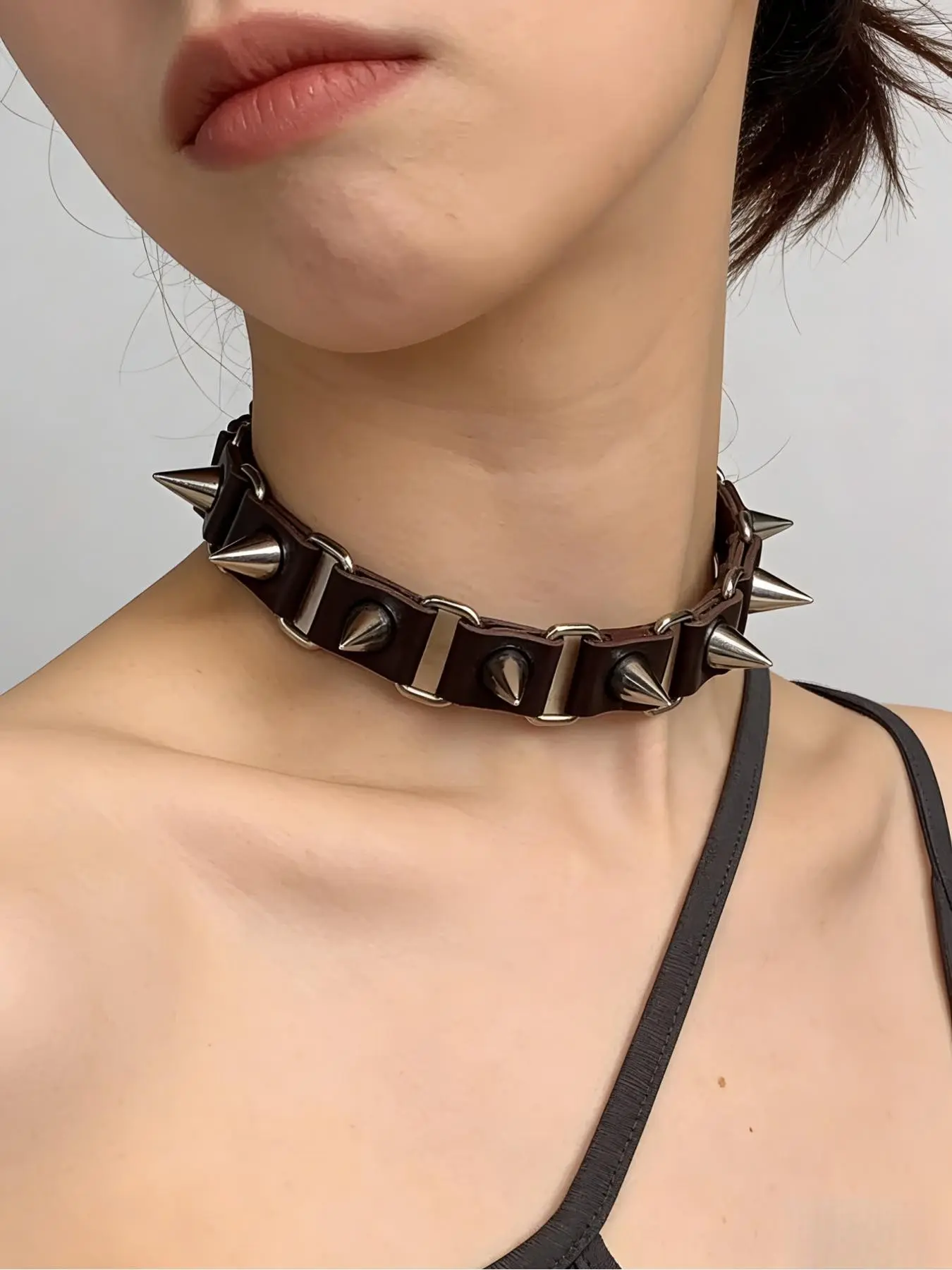 Rivet Leather Choker Necklace, Silver Color Metal Spike, Adjustable Strap, Punk Gothic Jewelry, Unisex, Punk Concert, Streetwear