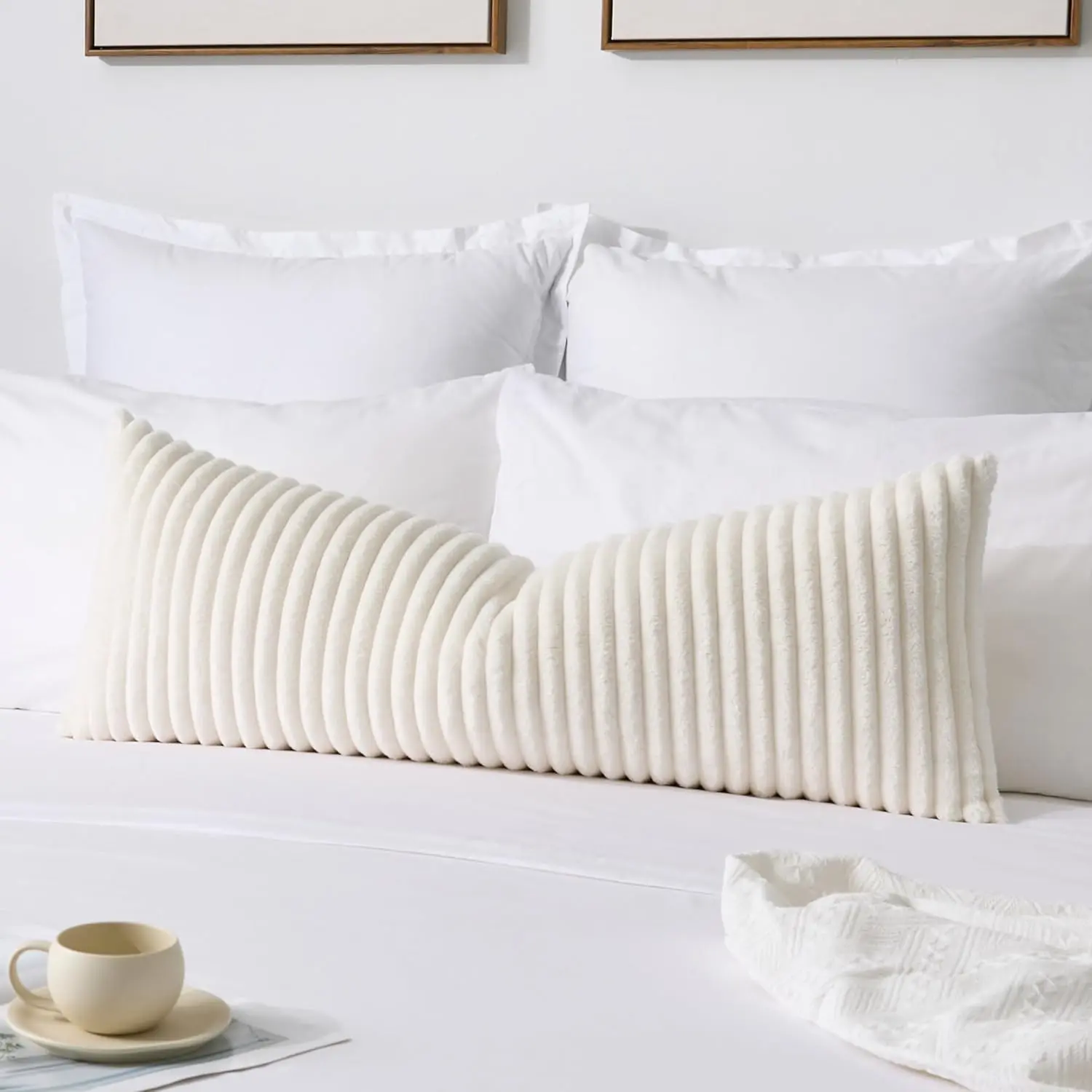 14x36 In Plush Flannel Lumbar Pillow Cover (1 Pack) - Elegant and Cozy Stripe Cushion Case with Invisible Zipper, Machine Washable for Home Couch, Room Decor, White Luxury Faux Fur-Like Soft Textile