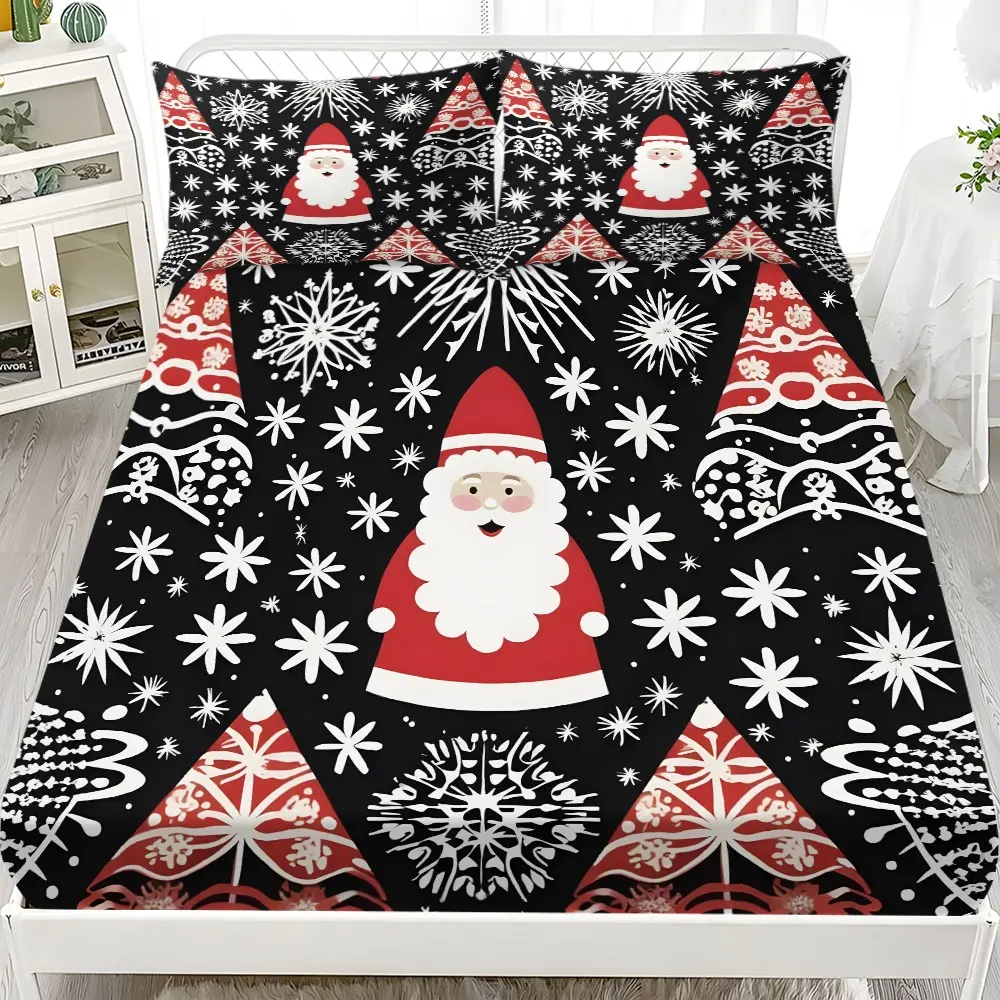 Christmas Cartoon Santa Bed Sheet Set (1 Bed Sheet + 2 Pillowcases), Background, Snowflakes, Christmas Tree Patterns, Twin/full/queen/king Sizes