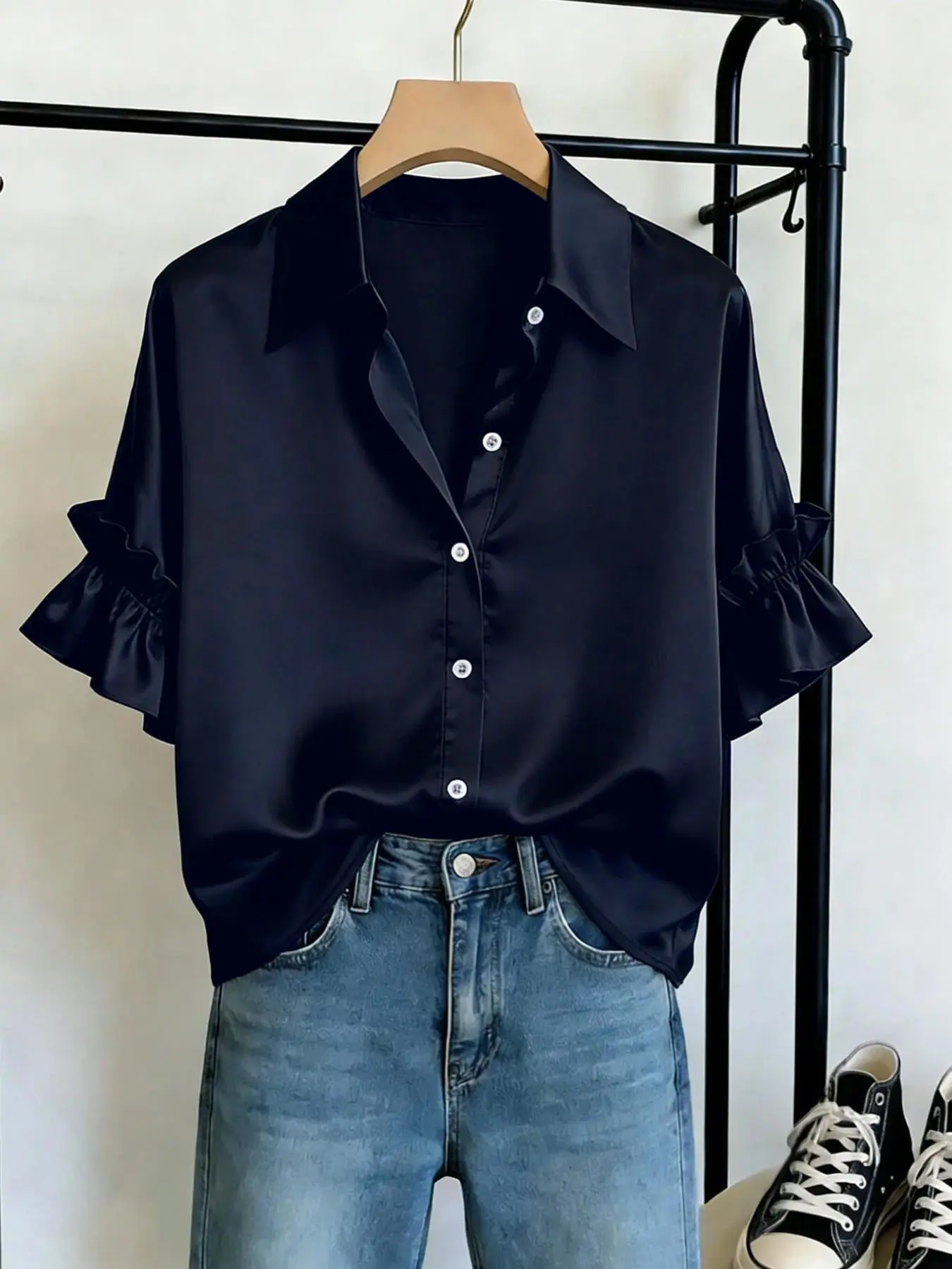 Women's Satin Ruffle Sleeve Shirt Blouse, Notched Collar Single Button Short Sleeve, Smooth Lightweight, Elegant Commuter Style
