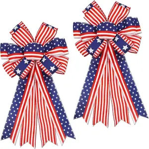 Large 4th of July Bows for Wreath 20x11 Inch 2 Pack Pre-Tied Patriotic Wired Ribbon Bow for Independence Day Memorial Day Tree Topper Front Door Outdoor Decoration Red