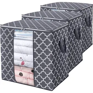 Storage Bags 3 Pack/100L Large Blanket Clothes Organization and Storage Containers for Comforters,Bedding, Foldable Organizer with Reinforced Handle, Clear Window, Sturdy Zippers,Gray