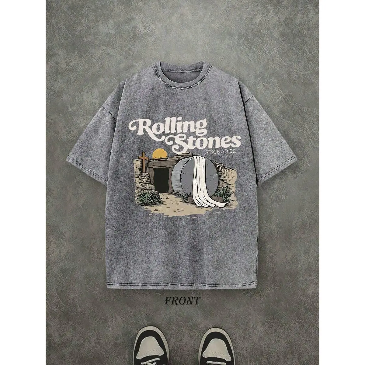 Men's Oversized Short-Sleeve Seamless Heavyweight Washed Cotton T-Shirt, Unisex Christian Apparel with Single-Sided "The Stone Was Rolled Away" Print, Vintage Streetwear Clothes, Shortsleeve