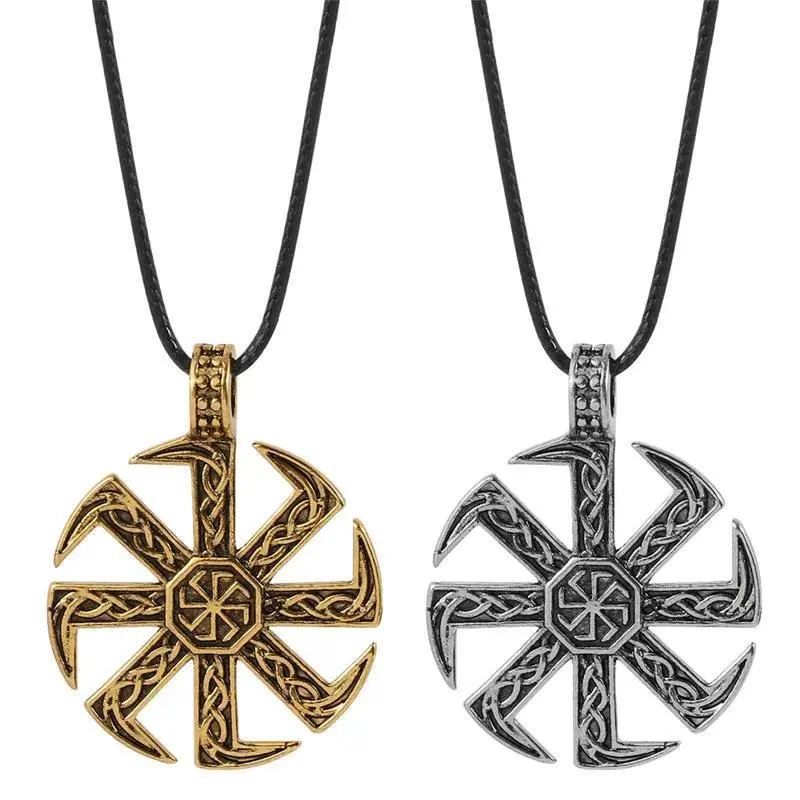 Men's Slavic Kolovrat Symbol Necklace Pagan Sun Wheel Talisman Amulet Link Chain Pendant Religious Jewelry for Men