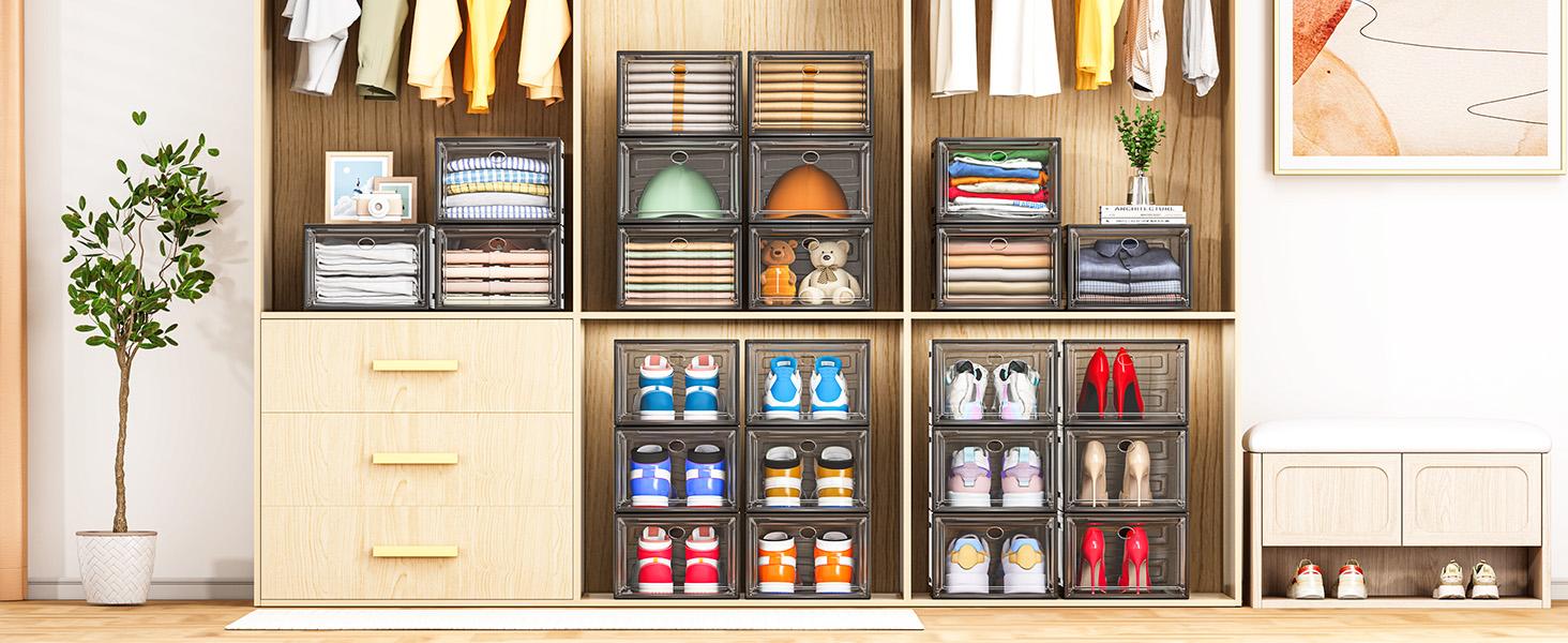 7 code Thicken & Sturdy Clear Shoe Storage Organizer with Magnetic Door, Stackable Boxes for Closet, Foldable Shoe Rack for Sneaker Boot Container, Plastic Shoe Cabinet Shoe Box 6 Pack, Black