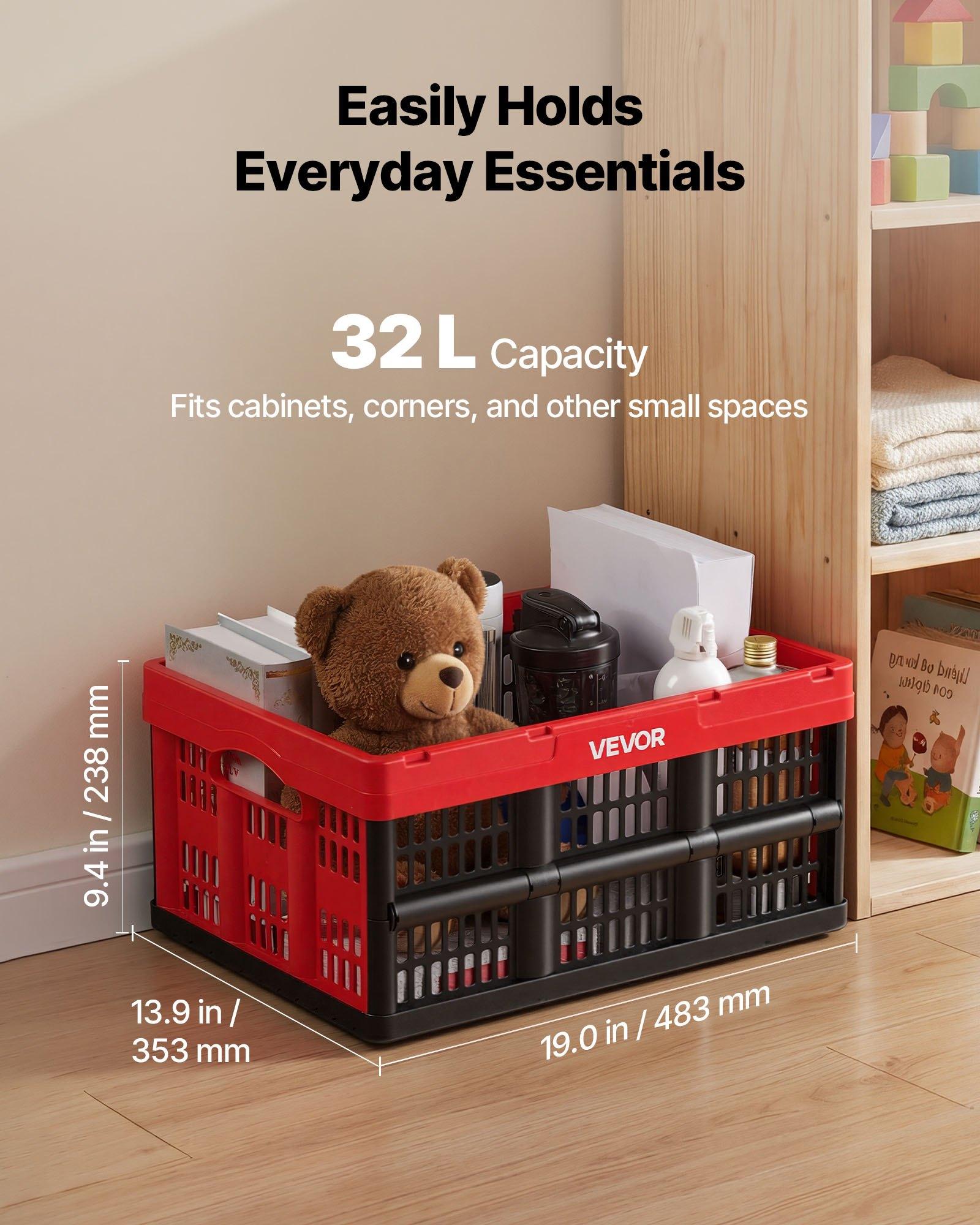 VEVOR Plastic Collapsible Storage Bins, 32L 3 Packs, Stackable Folding Storage Crates with Handles, Holds 26 lbs Per Bin, Foldable Heavy Duty Containers, Space-Saving Baskets, for Home Organizing