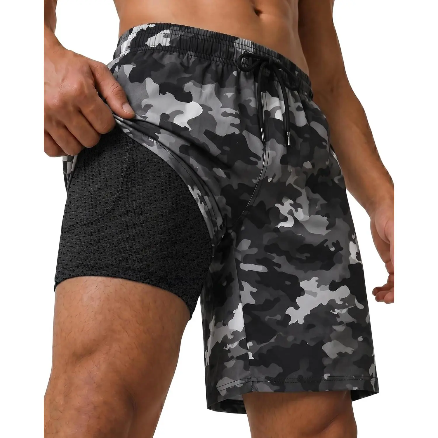Men's 9" Swim Trunks with Compression Liner, Quick-Dry Hybrid Double Layer Board Shorts with Zipper & Inner Pockets for Beach Sports, Double Layer Shorts, Water Activities, Compression Fit