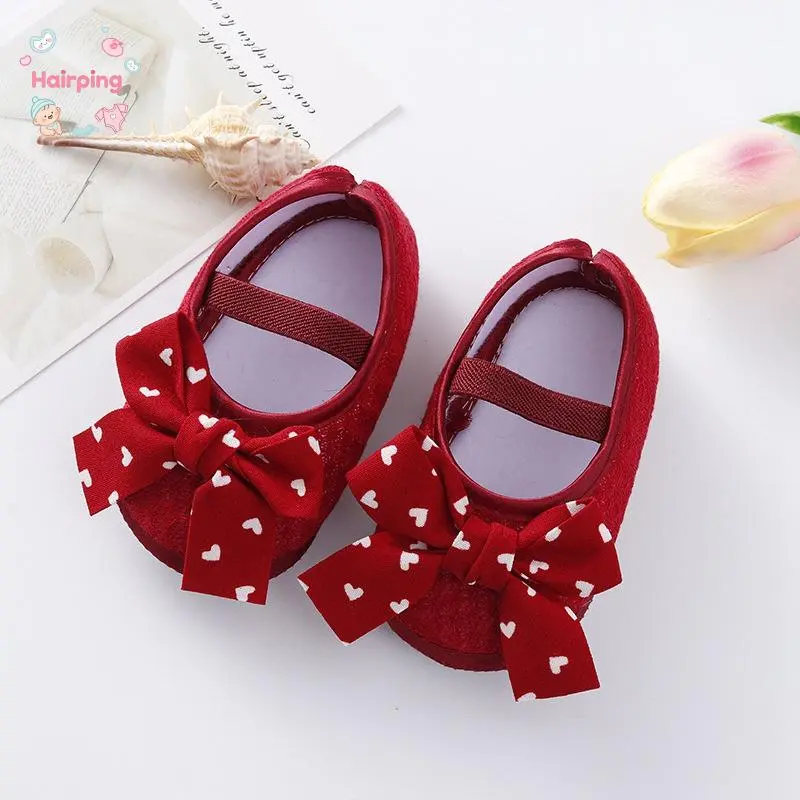 Baby Girls Lace Heart Print Big Bow Newborn Baby Shoes Soft Sole Elastic Strap Toddler Girl Valentines Day Crib Shoes
