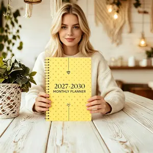 2027-2030 monthly planner, A5 size, 124 pages of high-quality paper, gradient inner pages. Yellow polka dot heart spiral notebook, 21.08 cm x 13.97 cm, sweet soft color palette minimalist style diary
