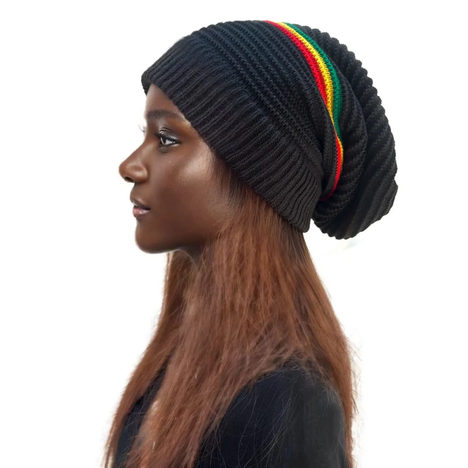 Oversized Slouchy Rasta Beanie for Dreadlocks - 22x30cm Striped Black Long Baggy Reggae Skull Cap for Men-Women, Warm Elastic Crochet Knit Hair Wrap, Winter Streetwear Gift