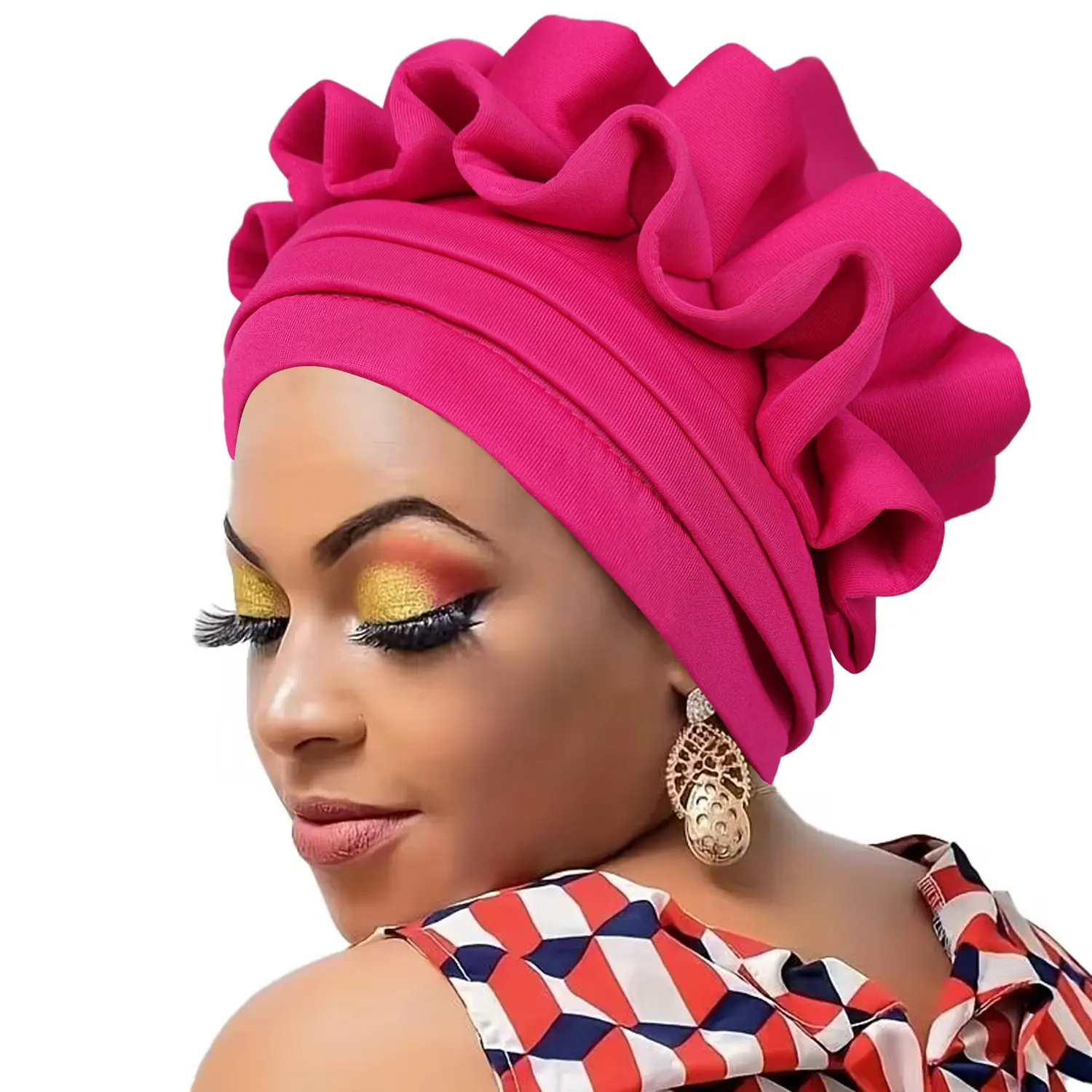 Women's Ethnic Stretch Fabric Turban Hat - African-Style Pleated Waves Hair Bonnet, Wrinkled Texture Head Wrap, Accessories for Women, Universal Size for Daily Wear & Night Sleep Hair Protection, One Size Fits All