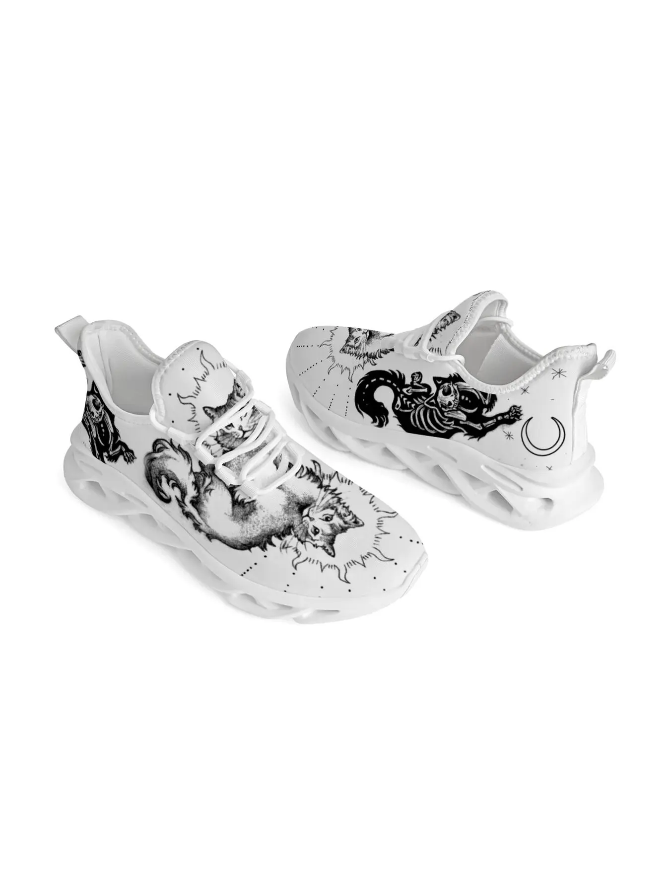 Gothic Skeleton Cat Print Sneakers Star And Moon Pattern Breathable Mesh Shoes Shock Absorbing Non Slip Casual Walking Trainers For Man Woman