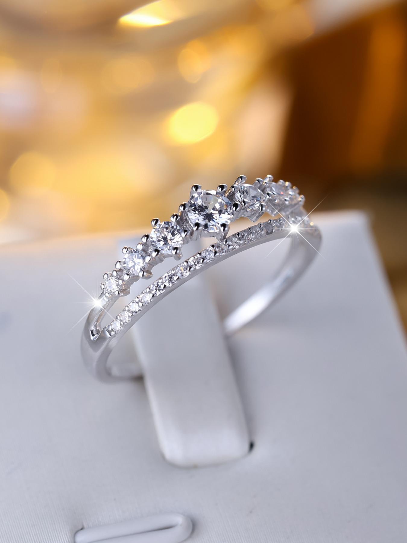 S925 Sterling Silver Elegant Double Row Ring, Fashion Promise Ring, Wedding Engagement Ring for Women & Girls, Trendy All-match & Exquisite Jewelry for Birthday Gift, with Box