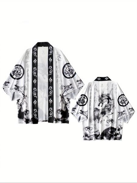 Men's Hanfu Open Front Cardigan, Loose Fit Lightweight Breathable Kimono Style Shirt, Japanese Dragon Print Streetwear Casual Wear Men's Hanfu Open Front Cardigan, Loose Fit Lightweight Breathable Kimono Style Shirt, Japanese Dragon Print Streetwear Casual Wear