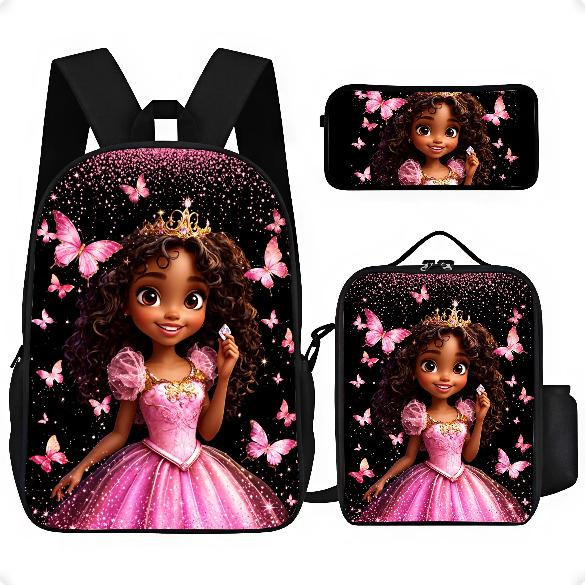 Girls Princess School Backpack, Pink Butterfly Bookbag with Optional Lunch Bag and Pencil Case for Back to School.Combo For Daily Study.Trendy Unique Design, Perfect Surprise Back To School Gift For Young Girls.# TikTokMadeMeBuyIt# BackToSchoolGift