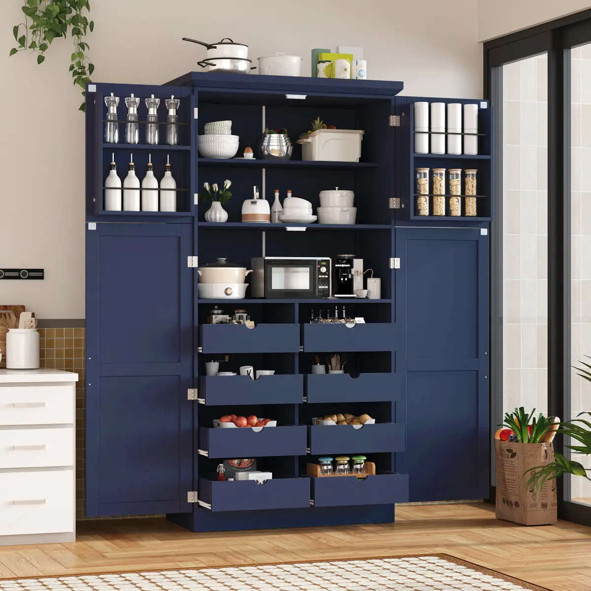 Aobtkel Sturdy Shaker Freestanding Kitchen Pantry Cabinet (Assembly Video Provided), 35.5x17.6x70.9in Tall Storage Cabinet with 4 Doors, 2 Door Shelves, 8 Pull-out Trays (33lbs Each Drawer), Adjustable Shelf, 137.13lbs, for Dining Room, Blue, Pantry Cabin