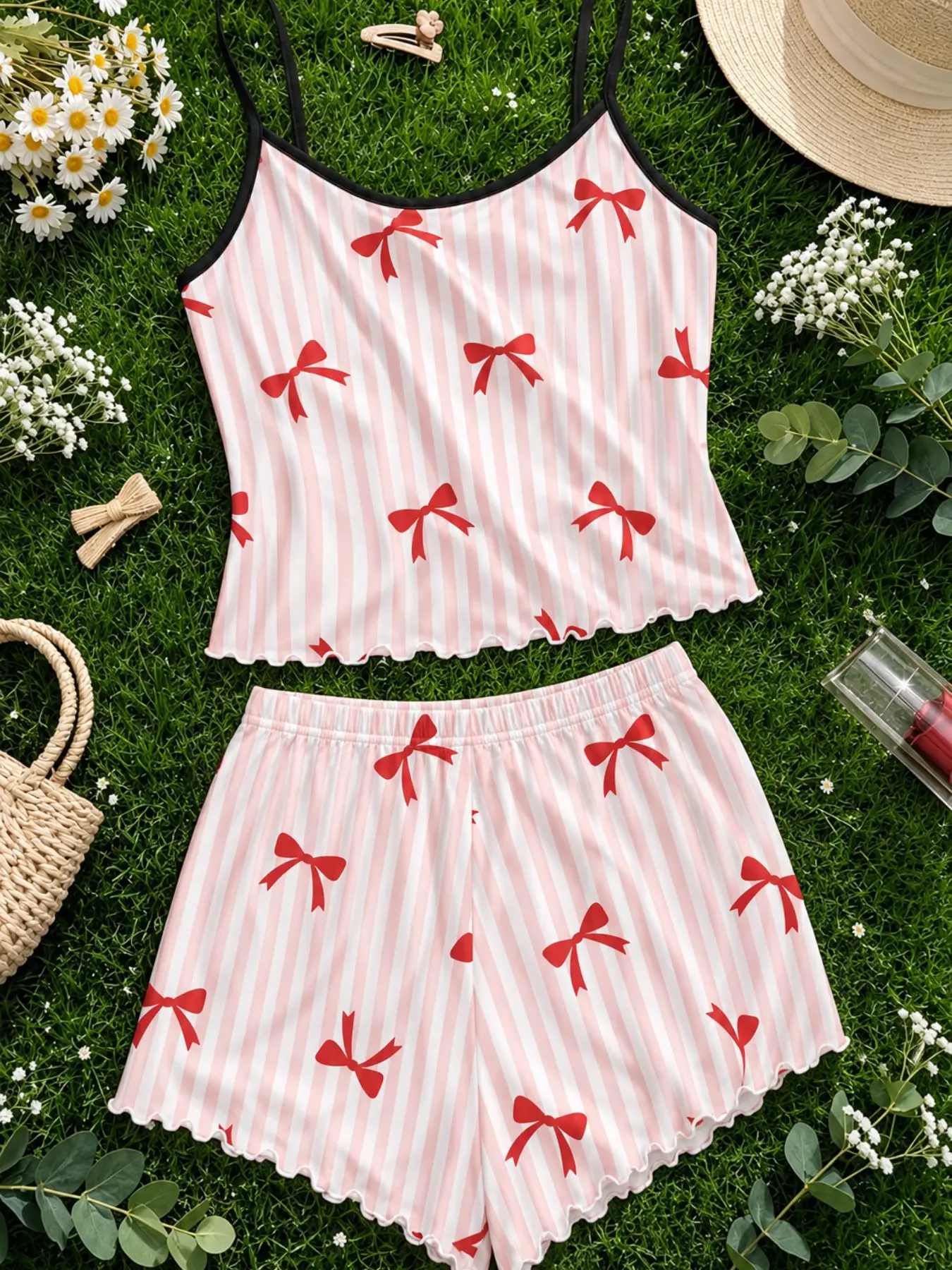 Women's Casual Pajama Set, Sleeveless Striped Bow Print, Comfortable Home Wear, Ideal for Daily Use and Relaxing Nights