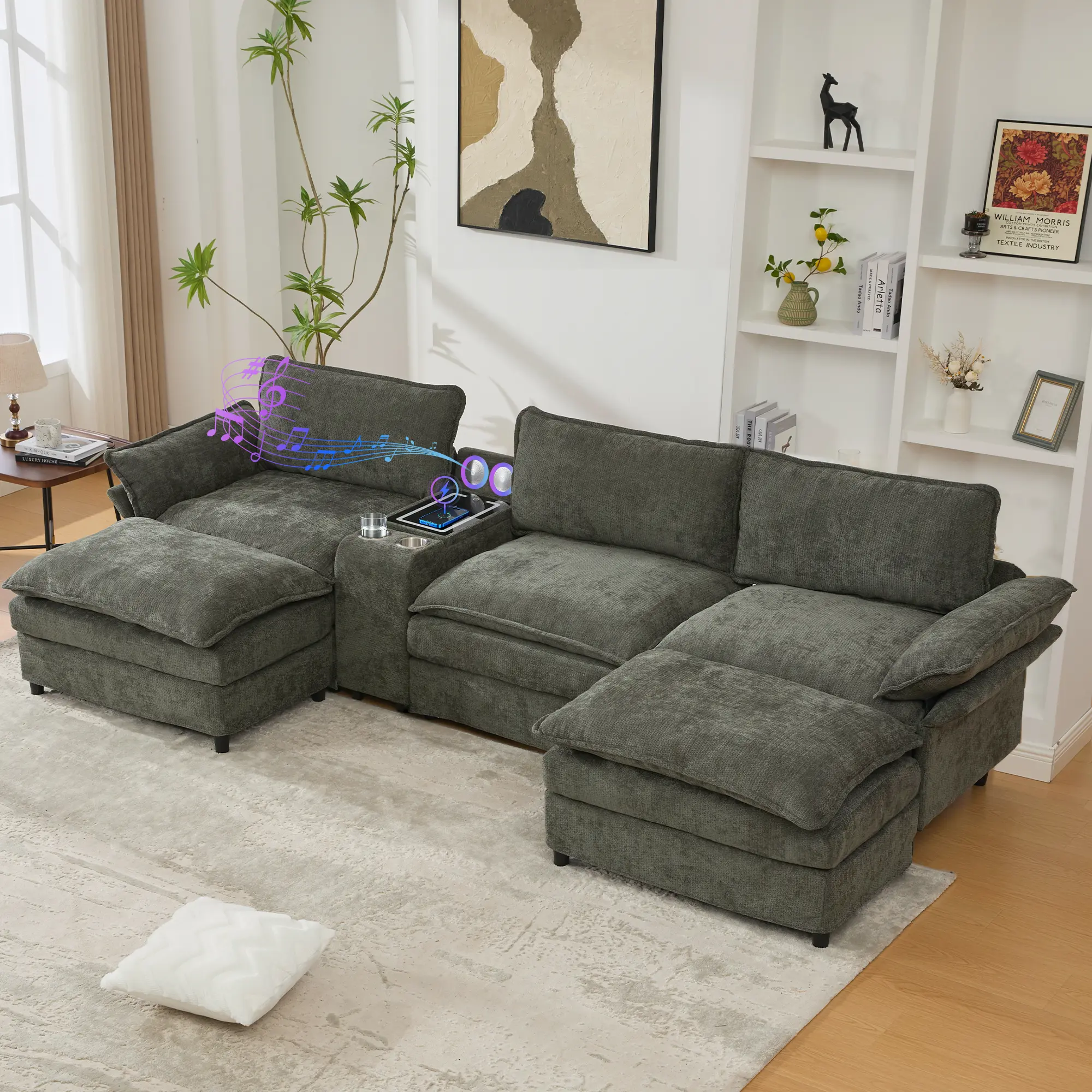 Chenille U-Shaped Arch Modular Sectional Sofa with Storage Console, Wireless Charger, Built-In Cup Holders, Bluetooth Speakers, 2 Movable Footstools, Adjustable Arms, Movable Seat, Green for Living Room Apartment Lounge Furniture, Apartment Decor, Couches