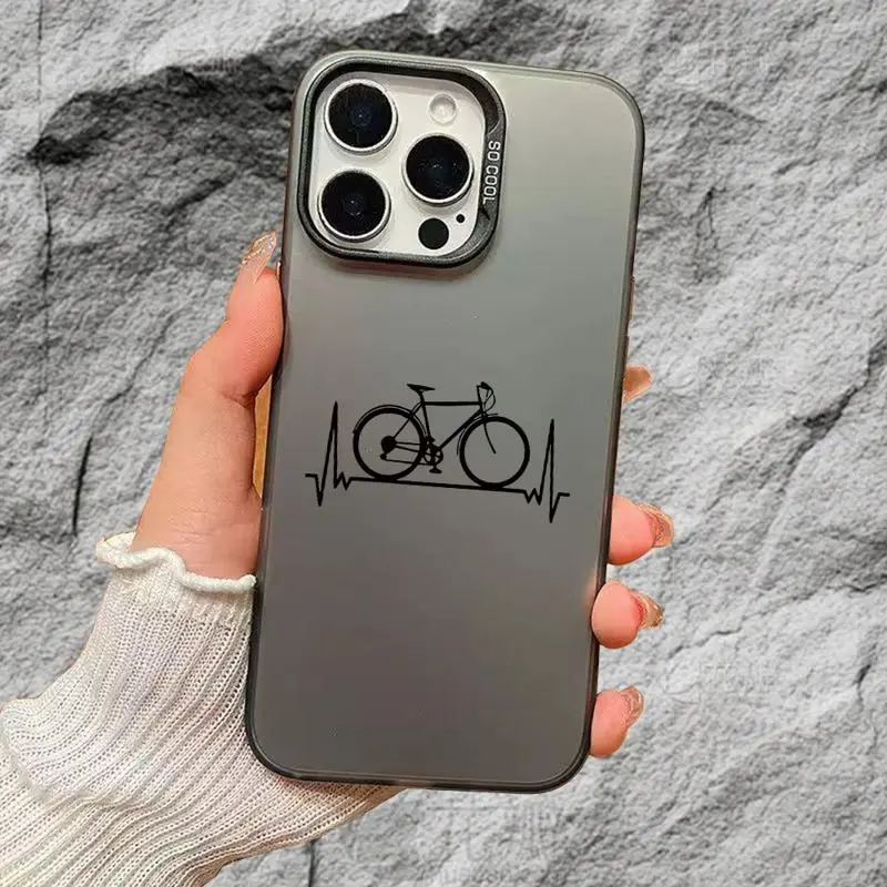 Minimal Black Line Art Bike Heartbeat Silver Mirror Phone Case Compatible with iPhone X XS XS Max 11 12 13 14 15 16 17 Pro Max Plus SE4, Cool Gray Matte Metallic Reflective Back Shockproof Soft TPU Cover Road Bicycle ECG Print Anti Fingerprint Drop Resist