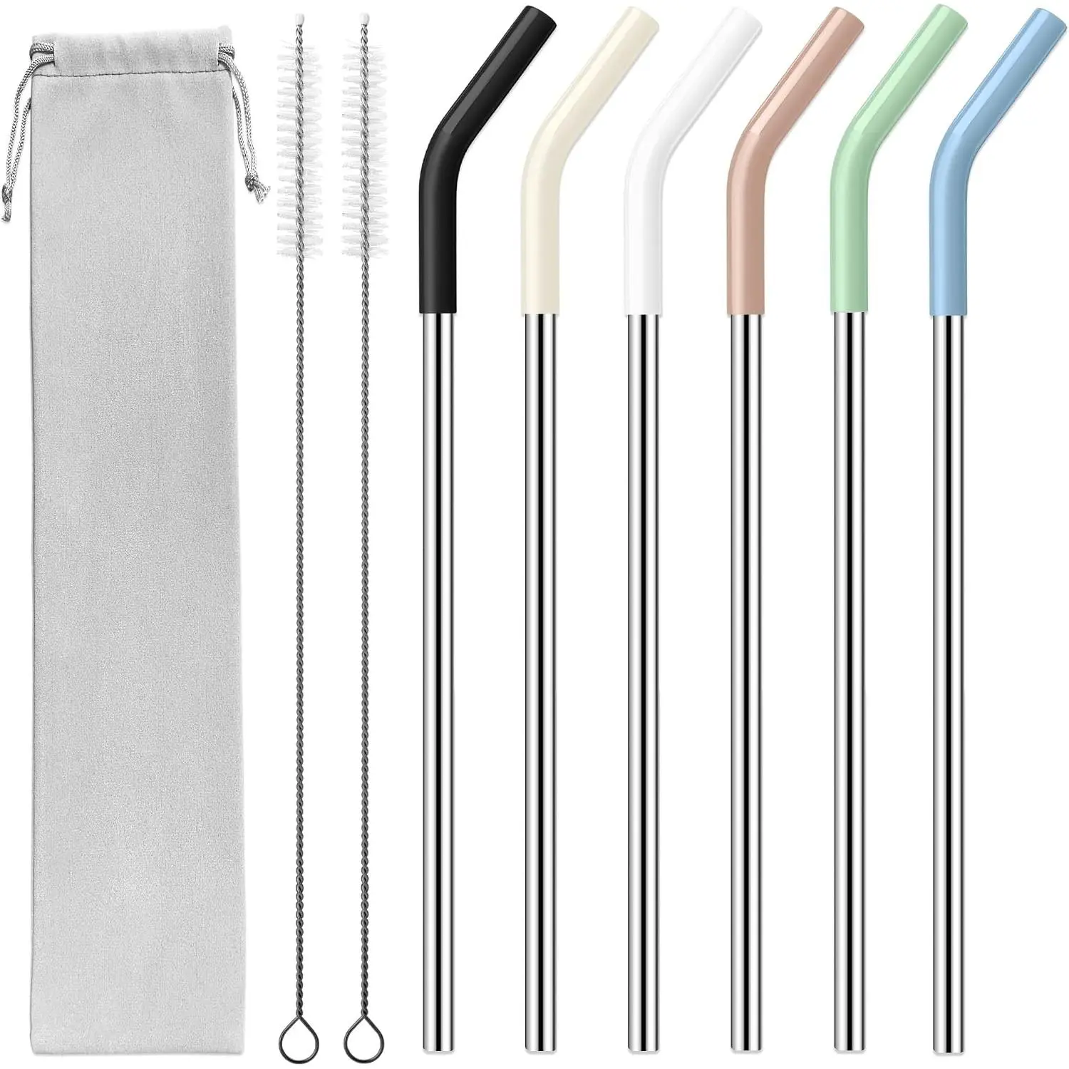 40 oz Stainless Metal Straws for 40 oz  Tumbler, 6 count  Straight Long Steel Straws with 12  Tips and 2 Straw Cleaning Brushes (6Color1, 40oz)