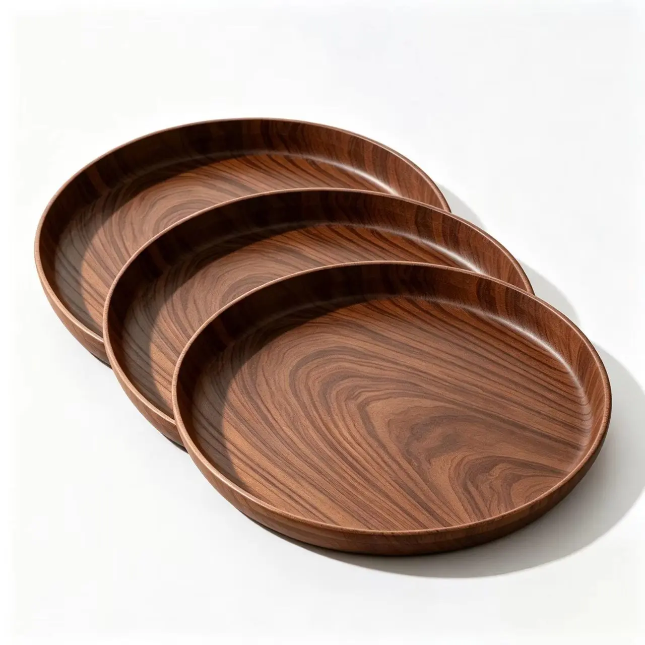 Elegant Wood Grain Trays Set of Three, Walnut Color Round Breakfast Plates, Cake Dessert Fruit Storage Tray, Living Room Tea Tray, Dishwasher Safe Tableware