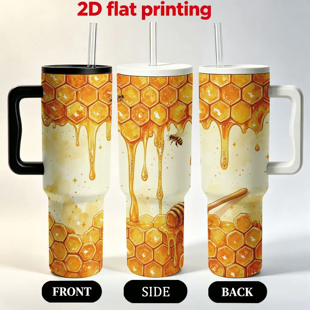 1pc 40OZ Cup with Honeycomb and Bee Pattern for Outdoor Camping and Sports, Portable Large-Capacity Water Cup, Coffee Cup with 2D Pattern Design, Reusable, Suitable for Hand Washing, Ideal Gift for Adults