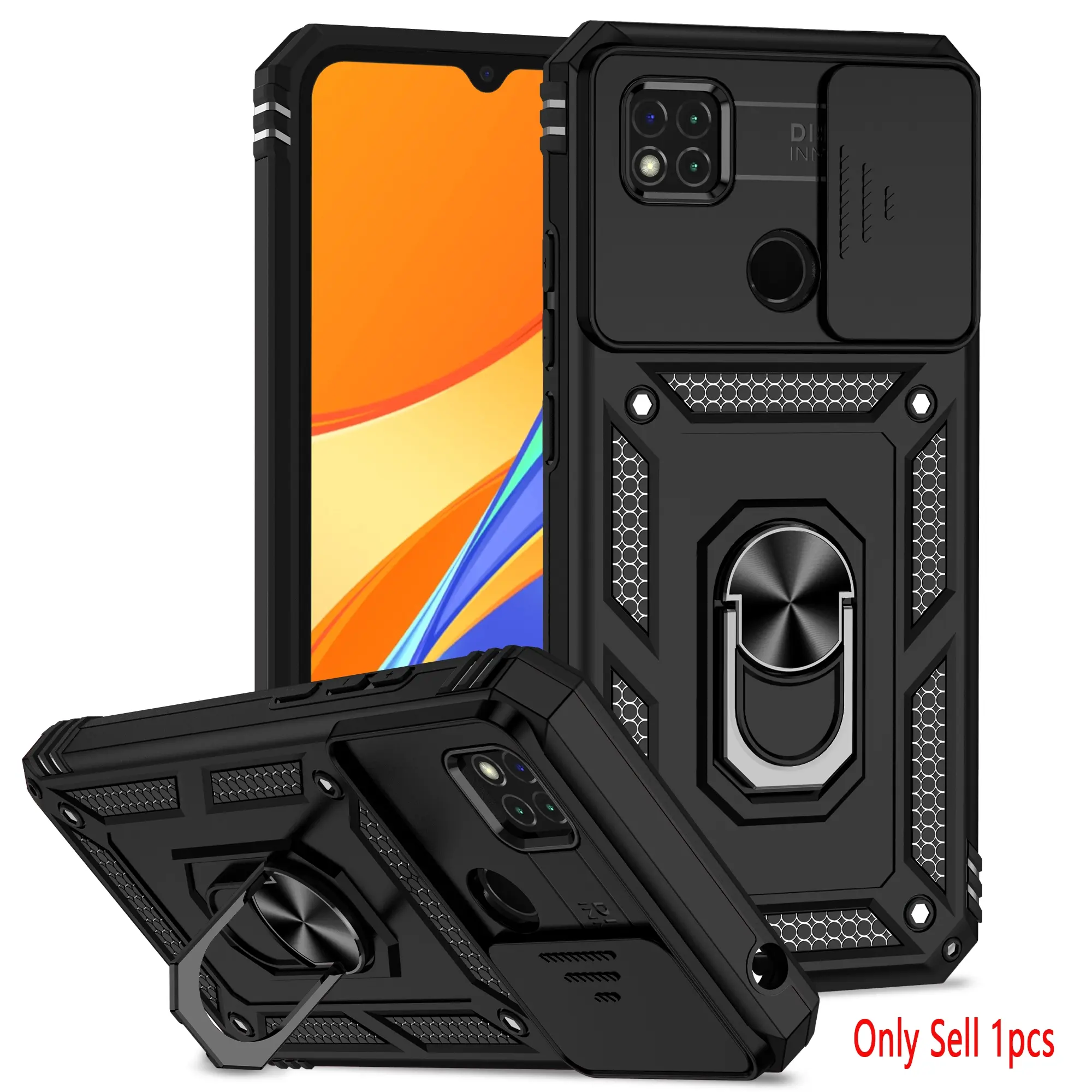 Case for Xiaomi Redmi 10A Protective, Drop Test Durable, Push-Pull Lens Cover, Dust-Proof Scratch-Resistant, 360° Adjustable Ring Stand for Xiaomi Redmi 10A Phone Case