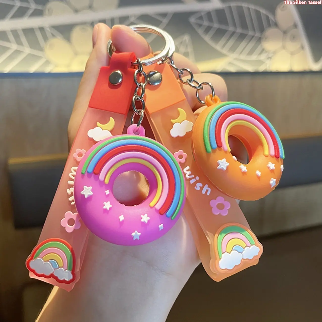 Rainbow Donut Keychain for Girls, 3D Food-Themed Collectible Silicone Bag Charm with a Star & Moon Wrist Lanyard for Backpacks & Keys, Collectibles, With Lanyard, 2Pcs, Girls' Keychain, Donut Shape