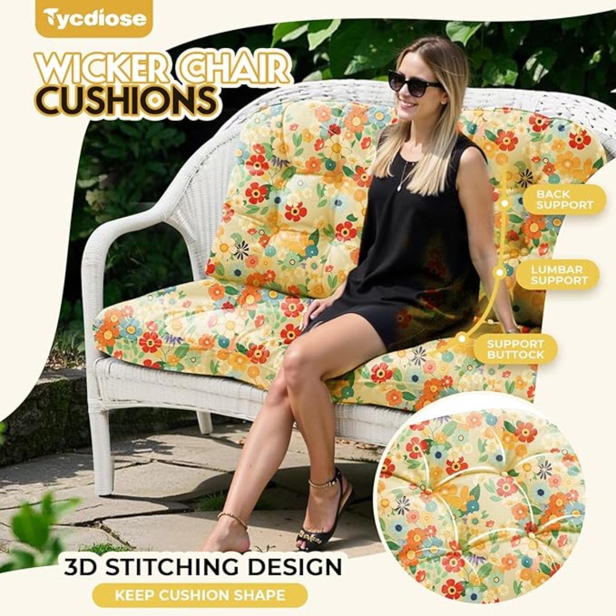 All Weather 3 Pieces Wicker Furniture Chair Cushions, Waterproof Outdoor Wicker Chair Cushion for Patio Furniture Loveseat Settee Bench, 1 Loveseat and 2 U-Shaped Thickened Cushions, Daisy All Weather 3 Pieces Wicker Furniture Chair Cushions, Waterproof Outdoor Wicker Chair Cushion for Patio Furniture Loveseat Settee Bench, 1 Loveseat and 2 U-Shaped Thickened Cushions, Daisy