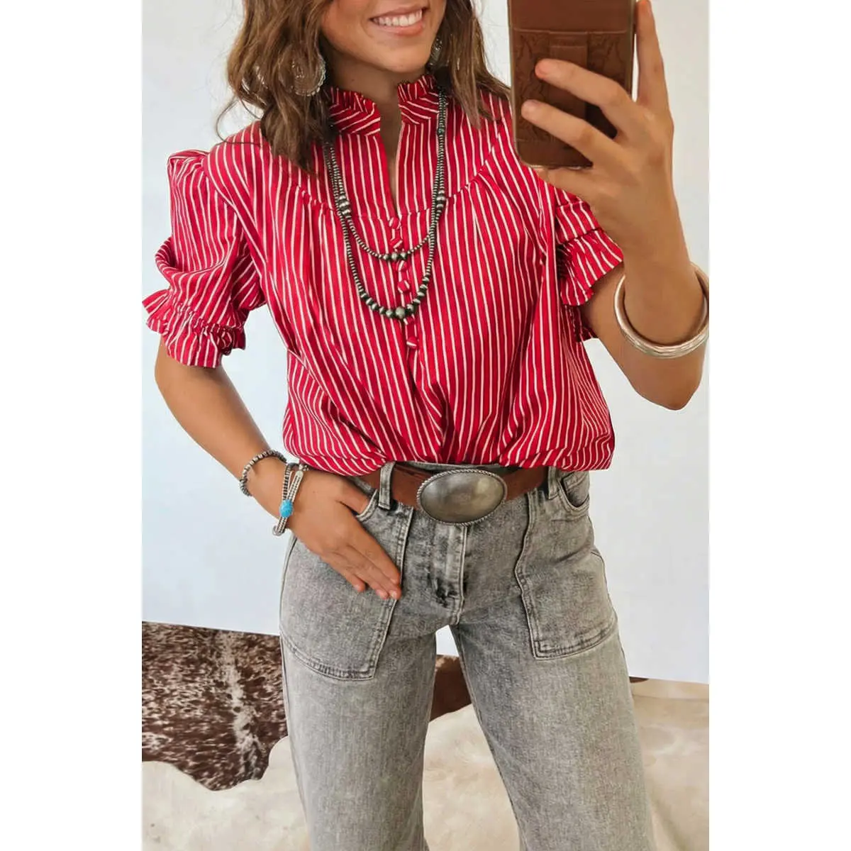 Women Striped Western Blouse, Short Ruffle Puff Sleeve Gathered Collar Button Front Relaxed Fit Summer Casual Top