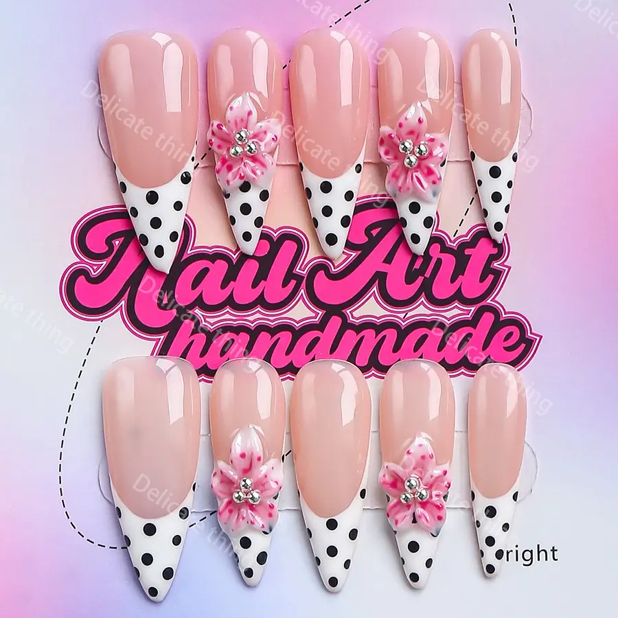 Y2K Style Long Point Artificial Nails, Handmade Press Ons, 4 Sizes XS S M L, Perfect for Parties, Dates, Gifts, Includes Jelly Glue, Crystal Stick, File