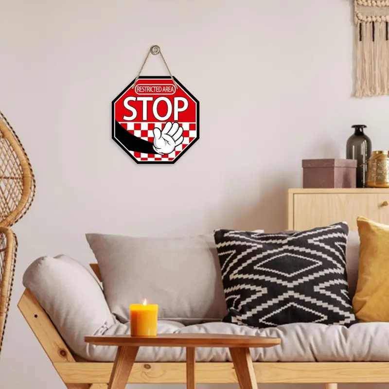 Restricted Area STOP No Entry Wooden Hanging Sign, Cartoon Hand Stop Octagon Front Door Window Plaque, Red White Checker Privacy Warning Decor Sign for Home Porch Entry Indoor Outdoor Wall Ornament