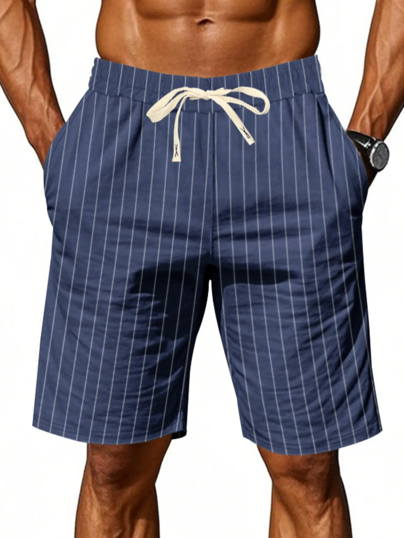 Men's Vertical Striped Linen Bermuda Shorts, Elastic Drawstring Waist Loose Fit Knee Length Casual Shorts, Wrinkle Resistant Breathable Pocket Bottoms for Beach Vacation Summer Loungewear, Multiple Colors