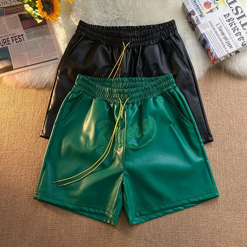 Men’s PU Leather Shorts Y2K Streetwear Baggy Fit Elastic Waist Summer Gym Casual Shorts Menswear Tropical
