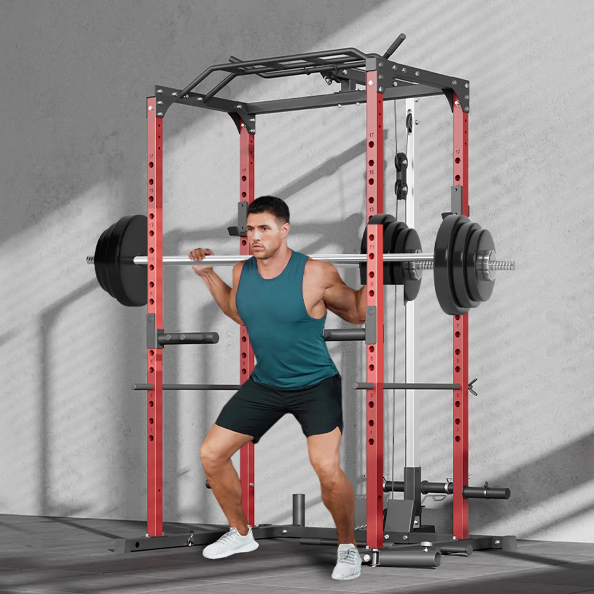1200LB Power Cage, Multi-Function Squat Rack with Optional Pulley System, Dip Handles and Training Attachments, Complete Strength Training Station for Home Gym