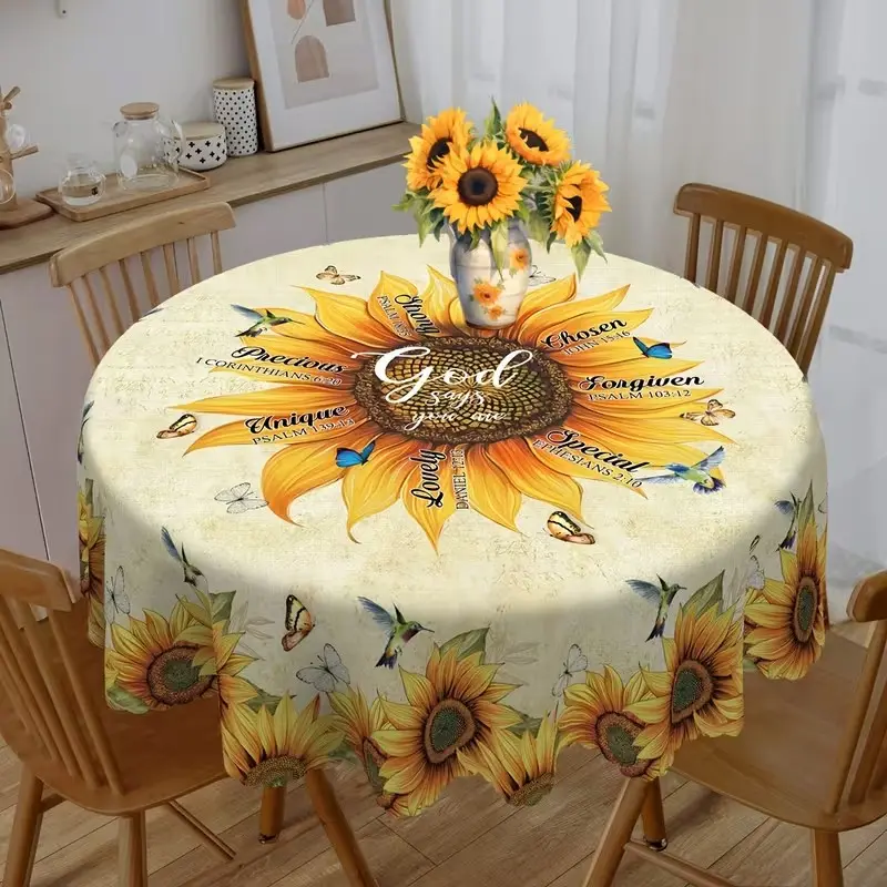 2D Flat Party Tablecloth, Round Sunflower Polyester Tablecloth, Christian Inspirational Quote, Butterfly Hummingbird Design, Indoor Outdoor Decor, Patio