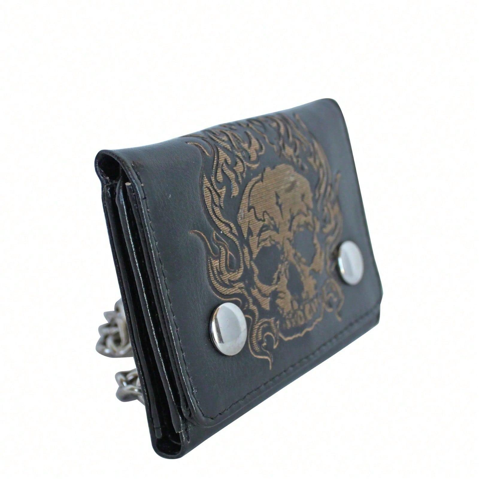 Men's Chain Wallet With Laser-Embossed Skull Design And Two-Snap Closure - Black Halloween
