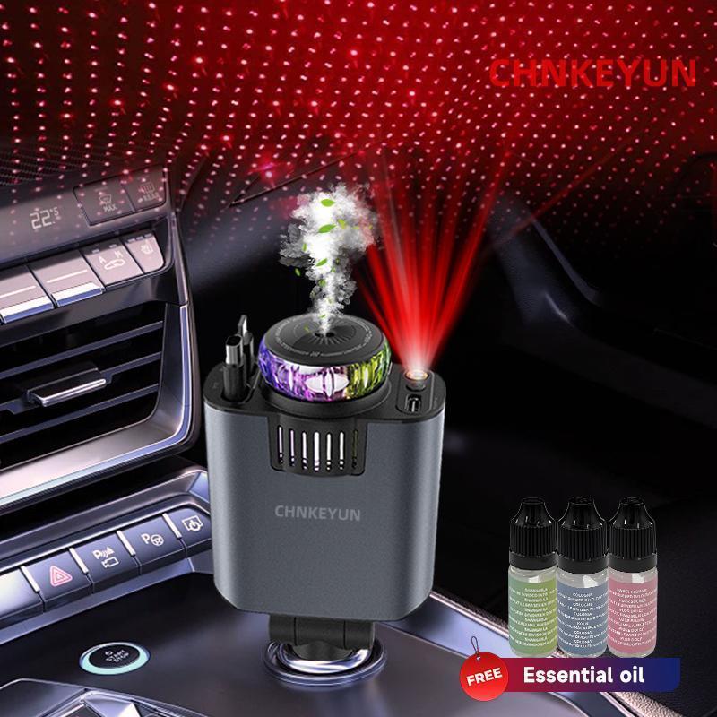 4-in-1 Car Roof Super Fast Retractable Car Charger with Anti-Tangle Retractable Cables, Dual Charge Port,Starlight In Roof Fast Charging Adapter -Automotive  car charger  starlight led charger No aromatherapy