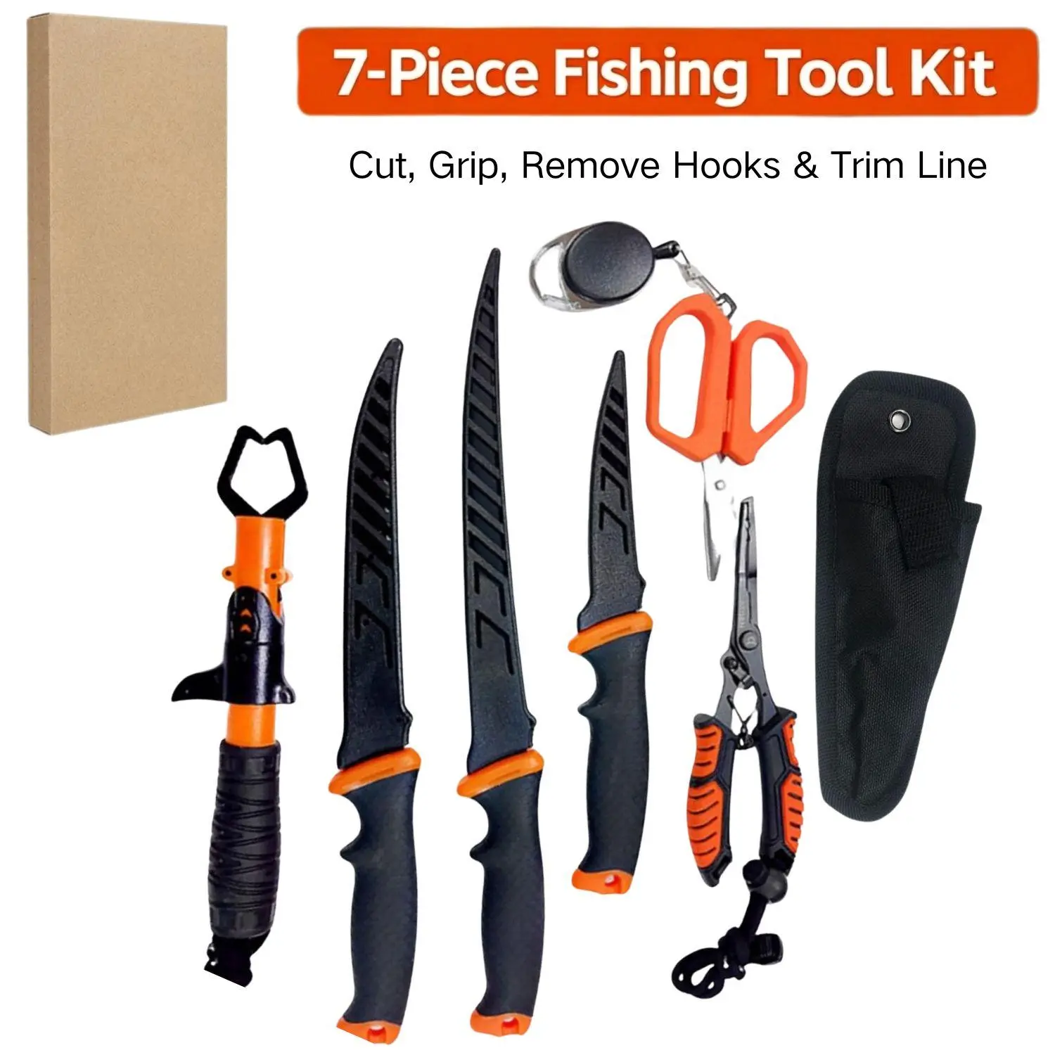 7PCS fishing accessories Fishing Tools Kit with Fishing Pliers, Fish Lip Gripper, Fillet Knife & Scissors, Portable Fishing Gear Set for bass fishing National Fishing Week Spring Fishing Season Father's Day Fishing Gift, Fishing Equipment fathersdaygift