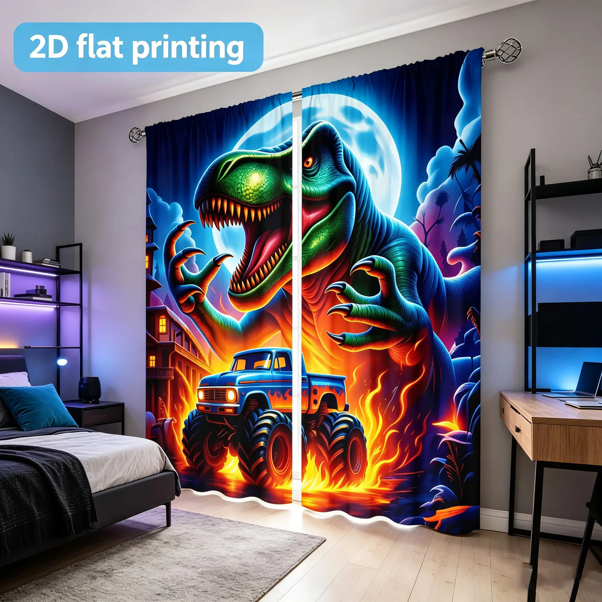 2-piece set of moon night dinosaur truck pattern curtains, Window curtain, durable semi transparent polyester material that can be washed, suitable for bedrooms/living rooms, is the first choice for boys' b