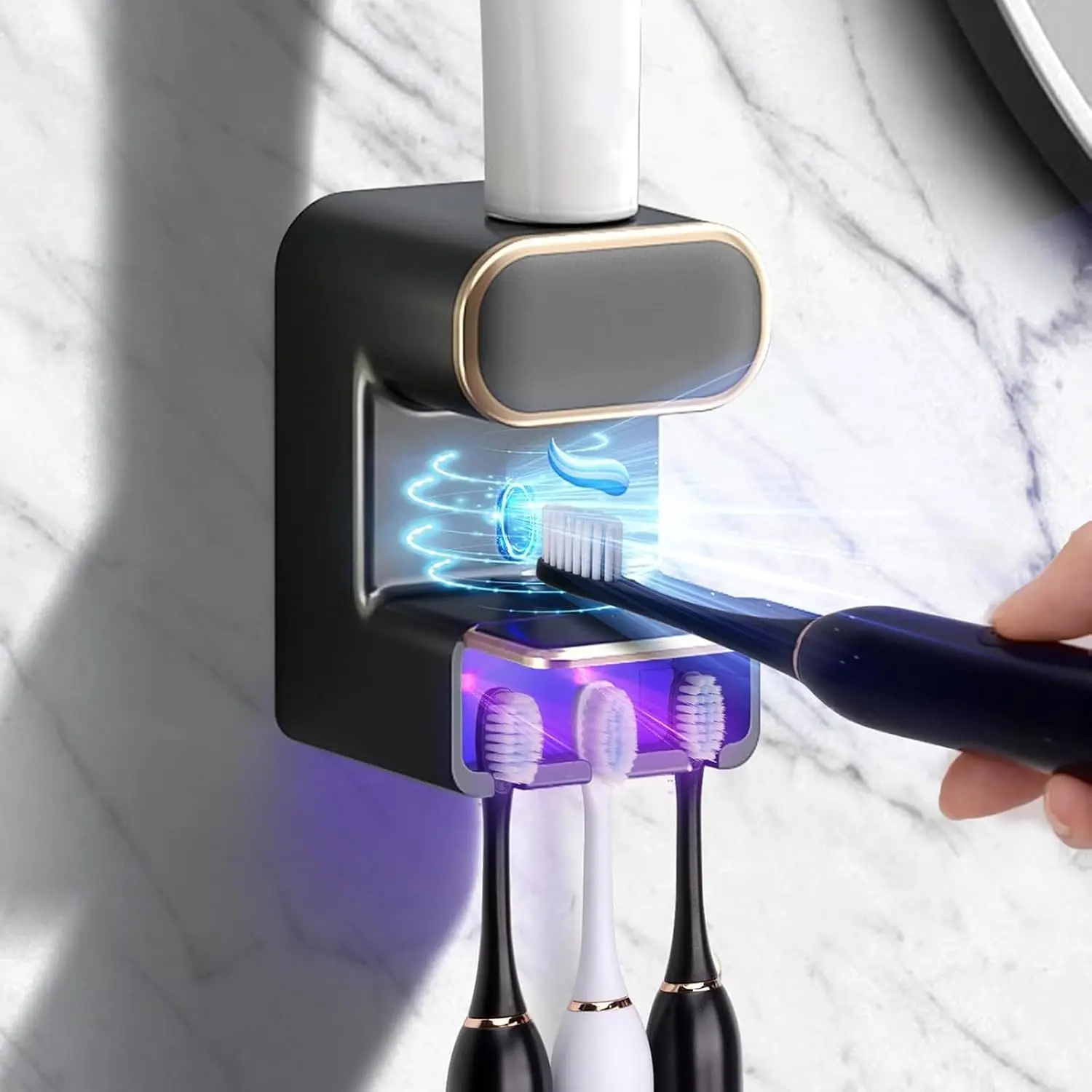 Toothpaste Dispenser, Wall Mounted Toothbrush Holder with 3 Slots, Electric Toothpaste Dispenser for Kids and Adults (Gun Grey)