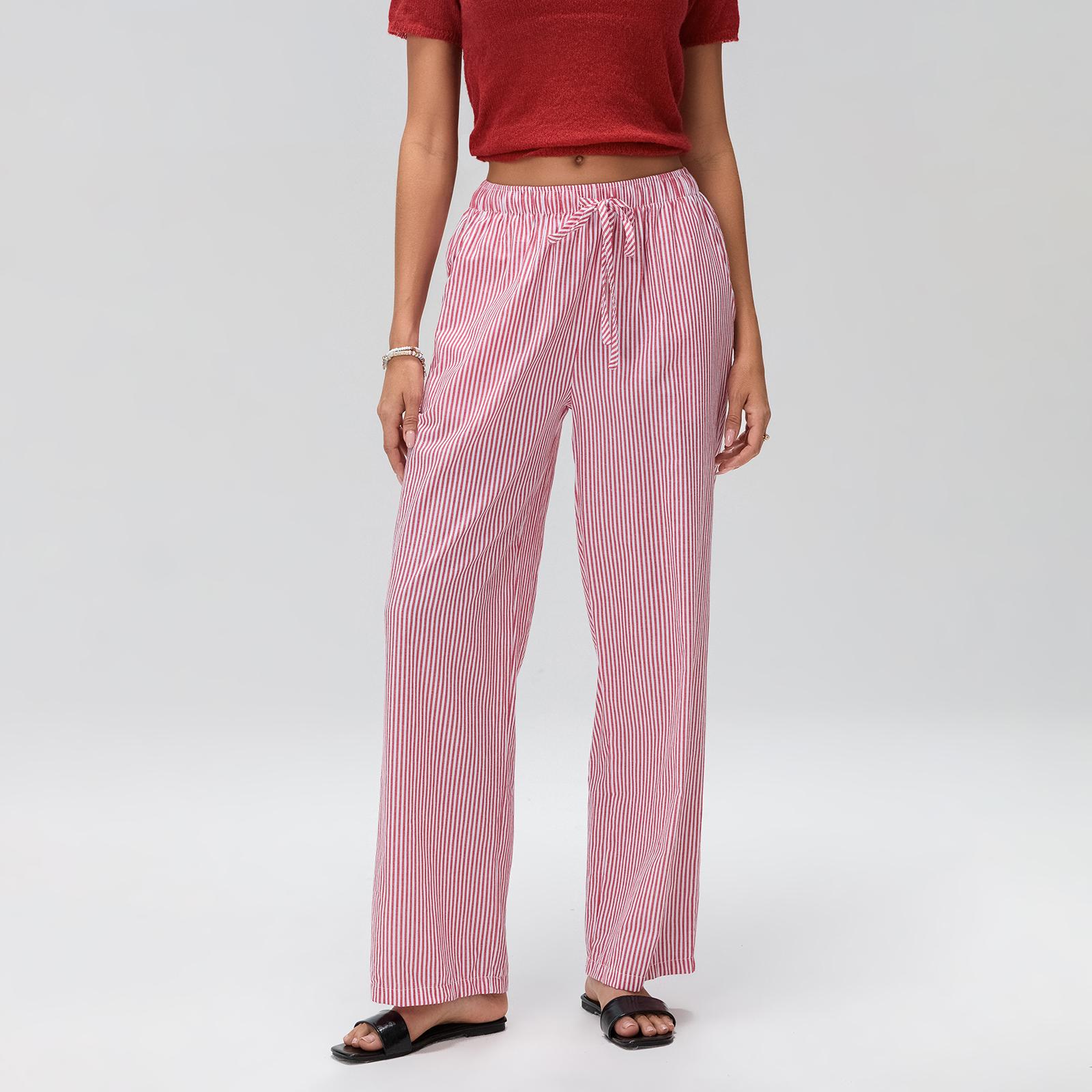 Ladies Female Women's Casual Stripe Print Pants, Drawstring Elastic Waist Loose Straight Long Pants with Pockets Womenswear Trousers Streetwear