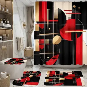 4pcs Modern Gold Geometric Shower Curtain Set, Luxury Bathroom Decor Kit,The floor mat fabric is thicker and softer!  Chic Gift for New Year & Housewarming