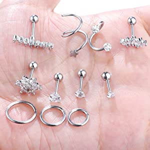11Pcs 16G/18G Surgical Steel Cartilage Earring Set | Helix, Tragus, Conch Piercing Jewelry | CZ Studs & Hinged Hoops | Hypoallergenic Silver Piercing Kit